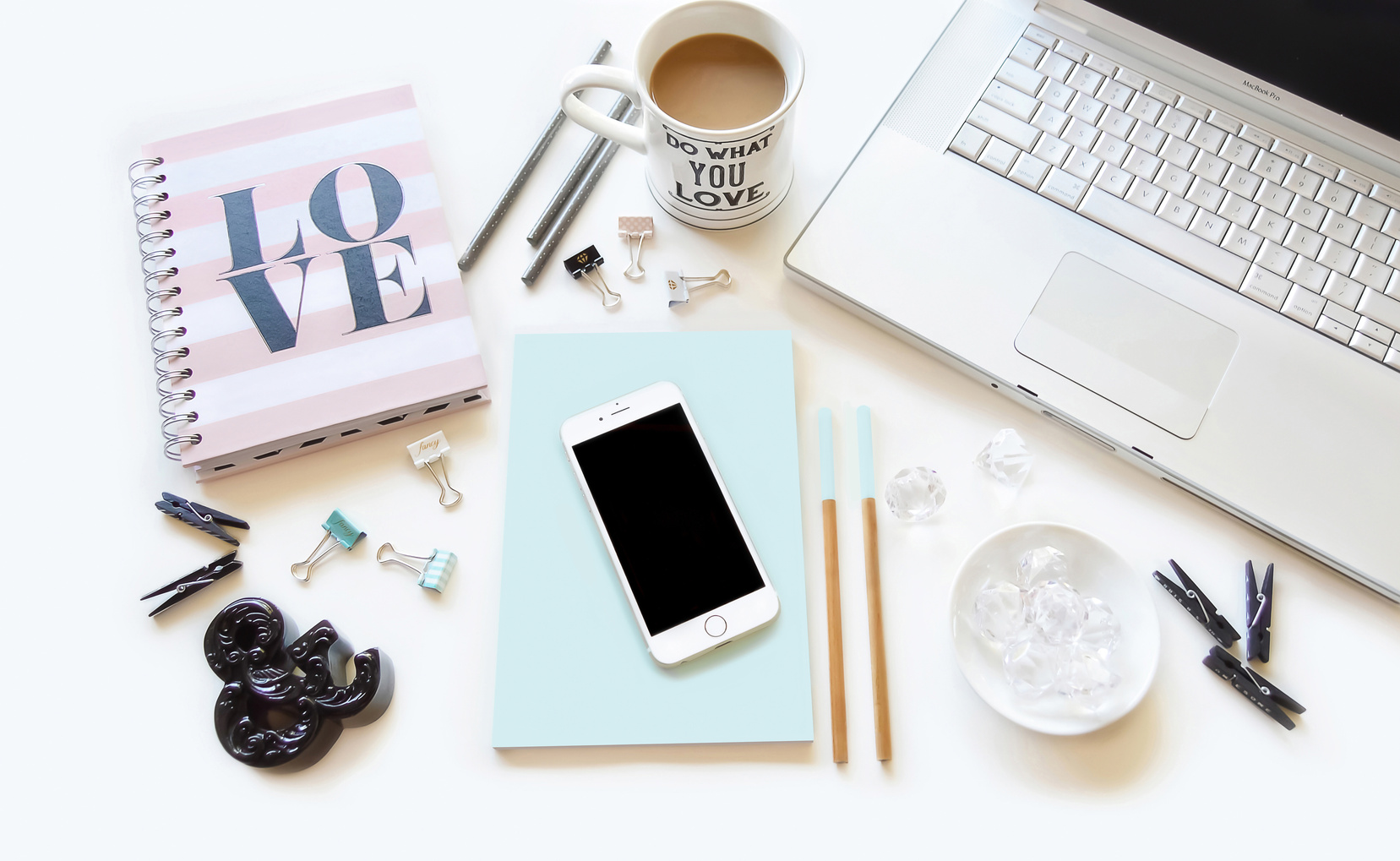 Composition on Office Supplies on White Table 